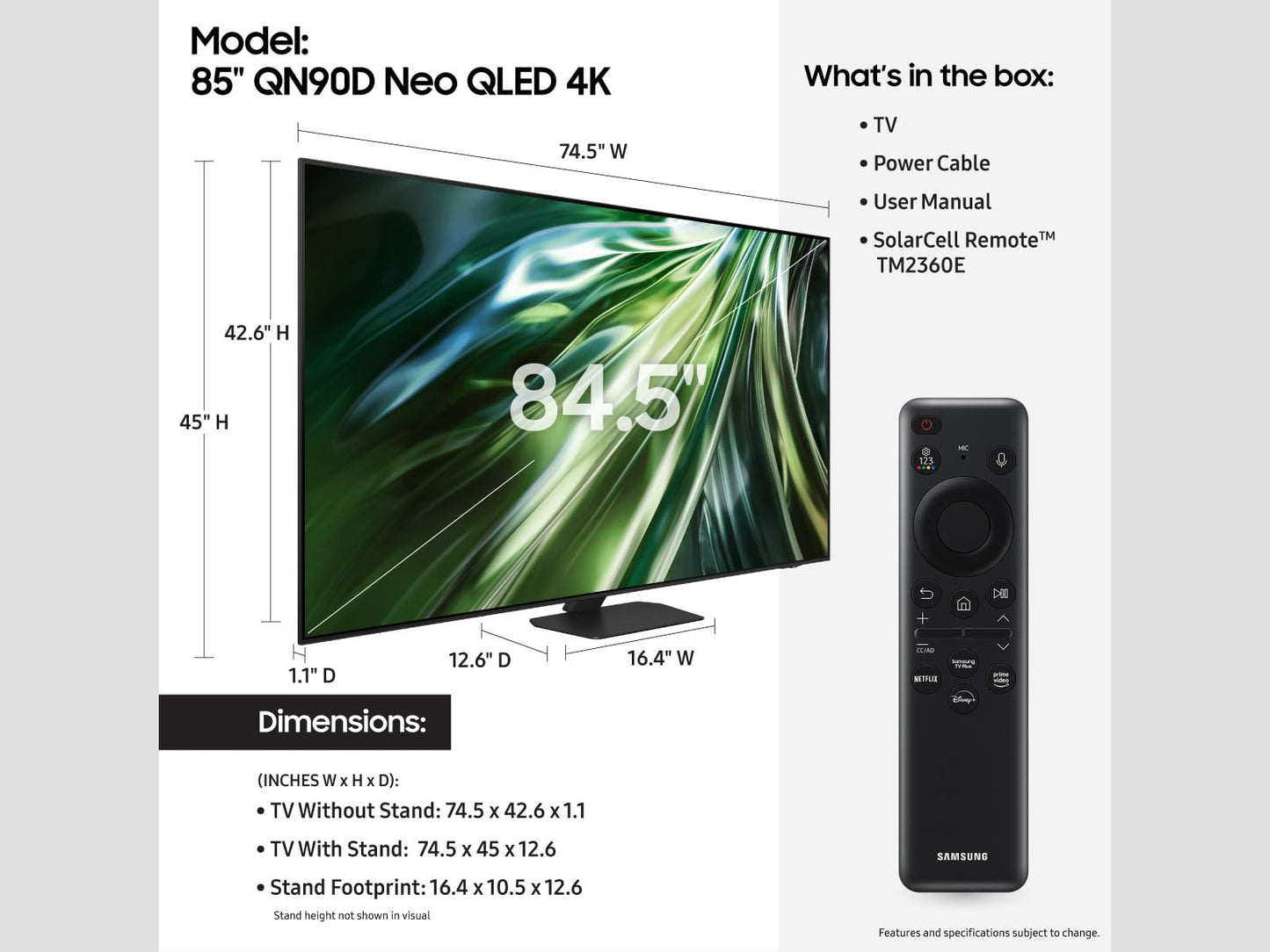 Samsung 85-Inch Class Neo QLED 4K QN90D Series Mini LED, Neo Quantum HDR+ Smart TV w/Dolby Atmos, Object Tracking Sound+, Motion Xcelerator, Real Depth Enhancer Pro, Alexa Built-in (QN85QN90D, 2024)