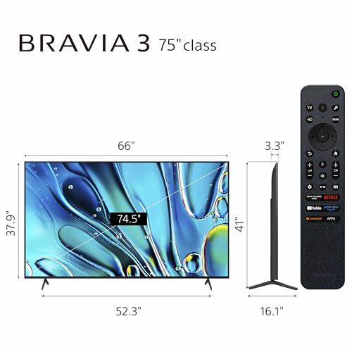 Sony 75-Inch Class 4K Ultra HD BRAVIA 3 LED Smart TV with Google TV, Dolby Vision HDR, and Exclusive Features for PlayStation®5 (K-75S30)