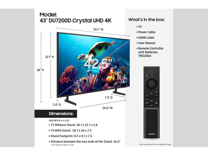 SAMSUNG 43-Inch Class 4K (2160p) DU7200D Smart TizenTV WiFi | Motion Xcelerator | Q-Symphony | Works with Bixby/Alexa/Google Assistant UN43DU7200D (Renewed)