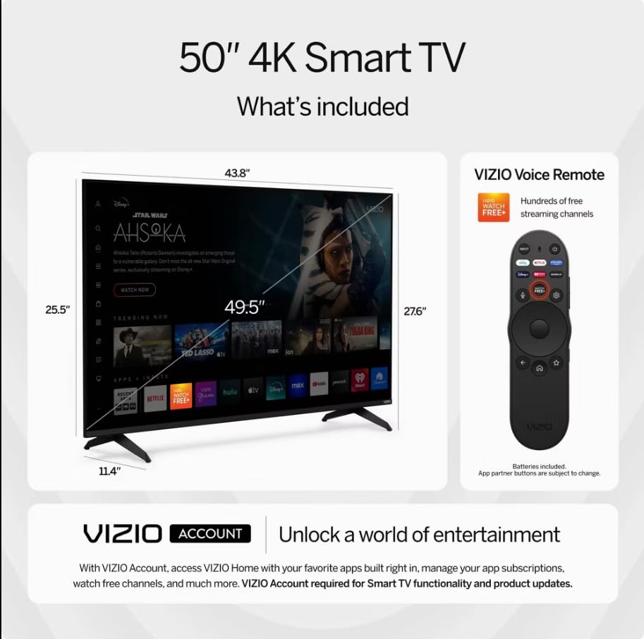 VIZIO 43-Inch 4K UHD LED Smart TV Bundle - Dolby Vision, HDR10+, VRR, Bluetooth, Alexa Compatible, Voice Remote with UAX HDMI Cable, 12-Month CPS Protection and Screen Cleaner with Microfiber Cloth.