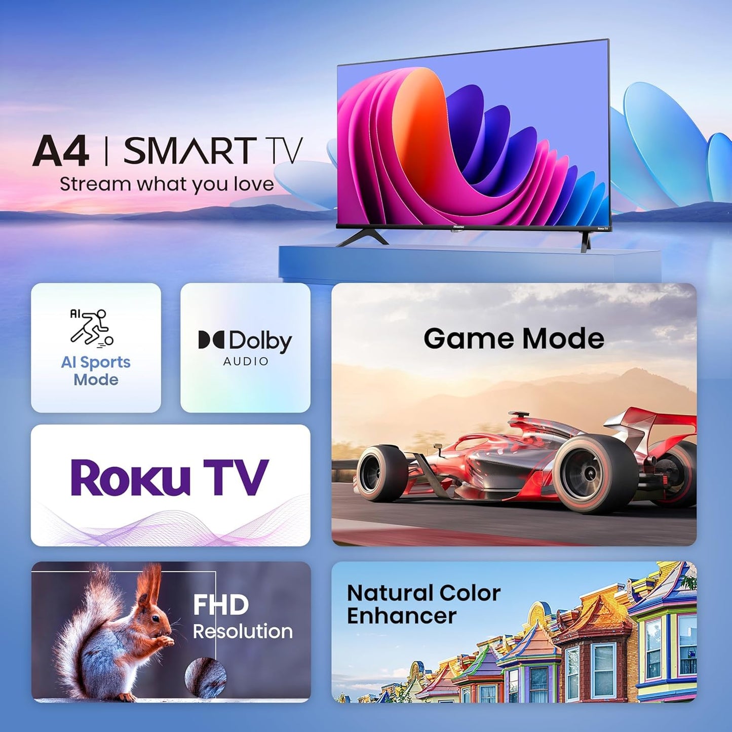 Hisense 43-Inch Class A4 Series FHD 1080p Smart Roku TV with Alexa Compatibility (43A4NR) - Dolby Audio, Slim Bezel Design, Google Assistant