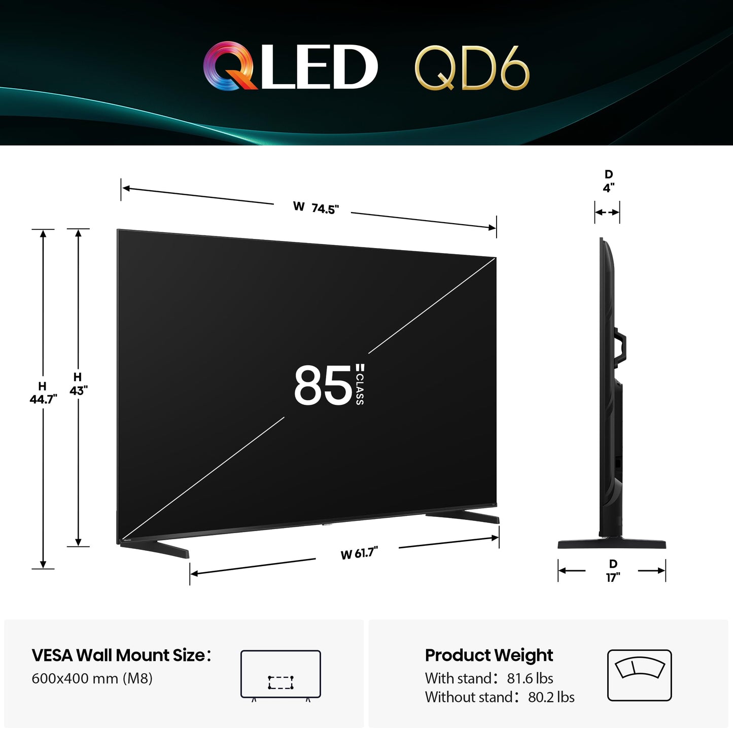 Hisense 85" Class QD6 Series (85QD6QF, 2025 Model) QLED 4K UHD Smart Fire TV, Voice Remote with Alexa, Dolby Vision, Dolby Atmos, Motion Rate 120, HDR 10+, Game Mode Plus, MEMC, VRR, ALLM