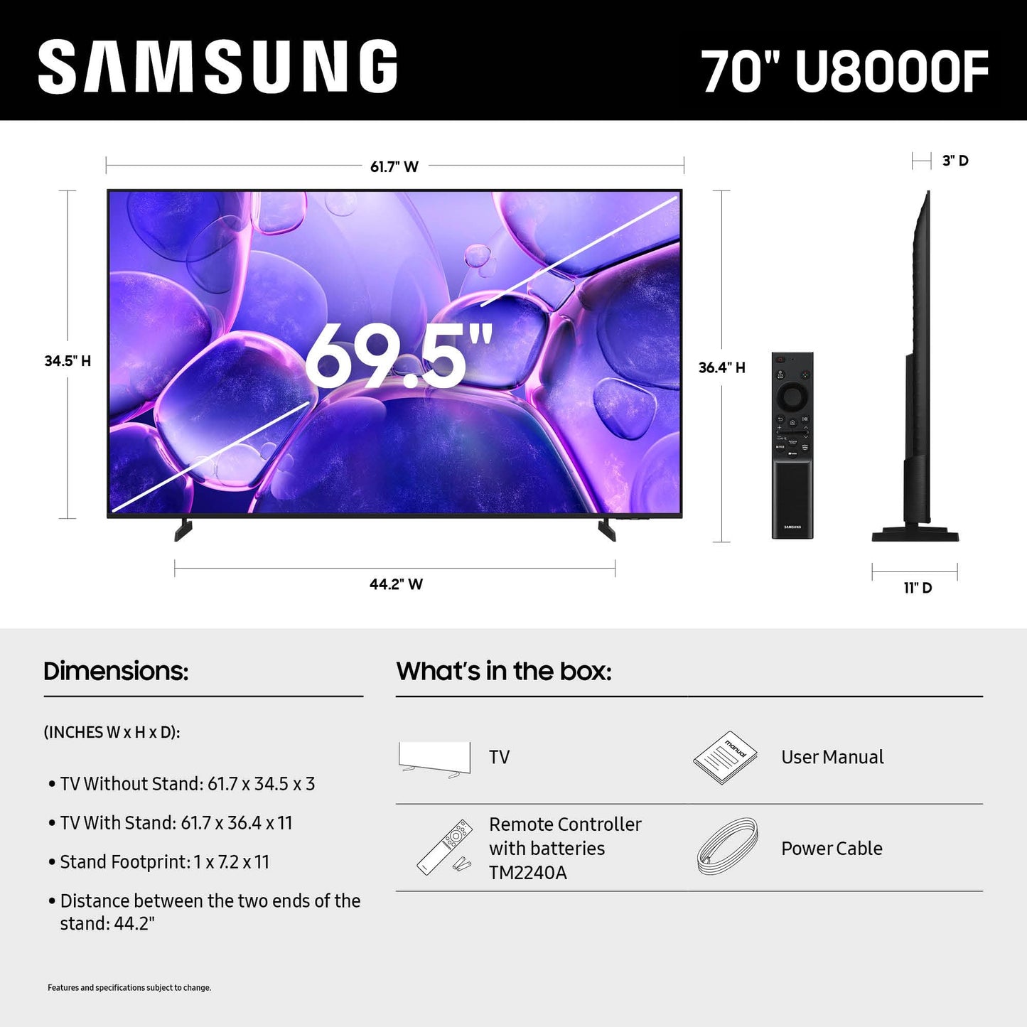 Samsung 70" U8000F Crystal UHD 4K Smart TV – Free Content, Crystal Processor, MetalStream & Alexa (2025)