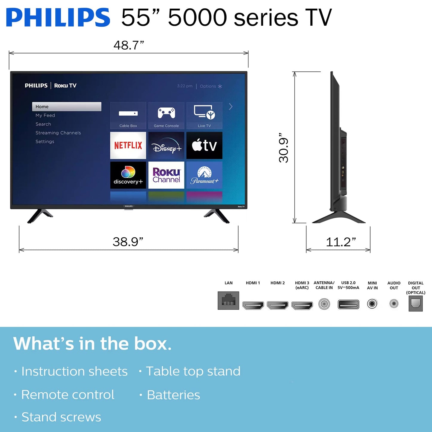 Philips 55" 4K UHD HDR Roku Smart TV – Voice Control, Airplay & 300+ Free Channels