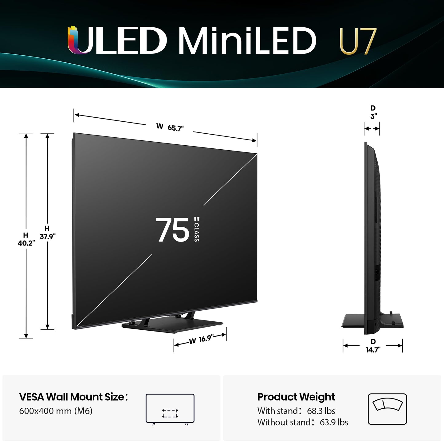 Hisense 75" Class U7 Mini-LED ULED 4K UHD Google Smart TV (75U75QG, 2025 Model) - QLED, Native 165Hz, VRR 288, Up to 3000 Nits, HDR10+, Dolby Vision IQ · Atmos, IMAX Enhanced, 2.1.2 Ch Surround