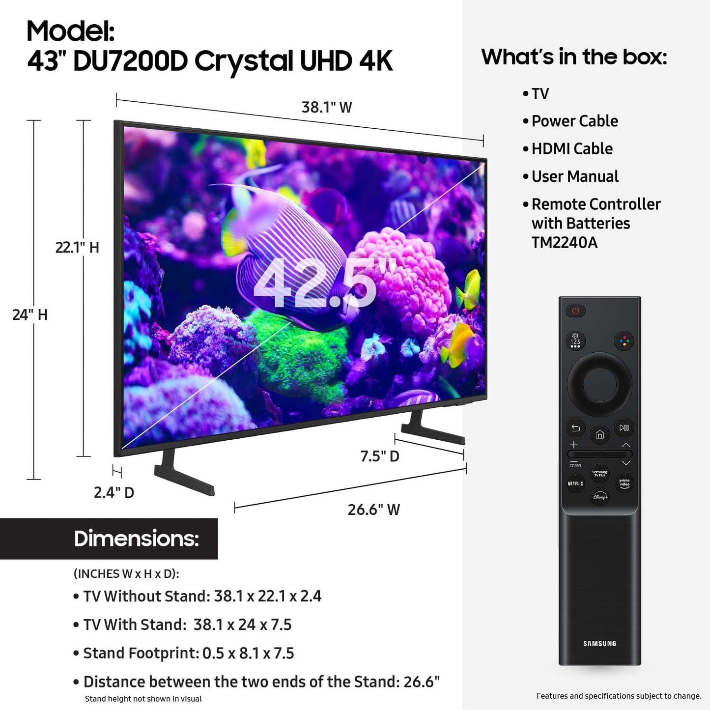 Samsung UN43DU7200DXZA 43" Crystal UHD TV with Mega Contrast (2025)