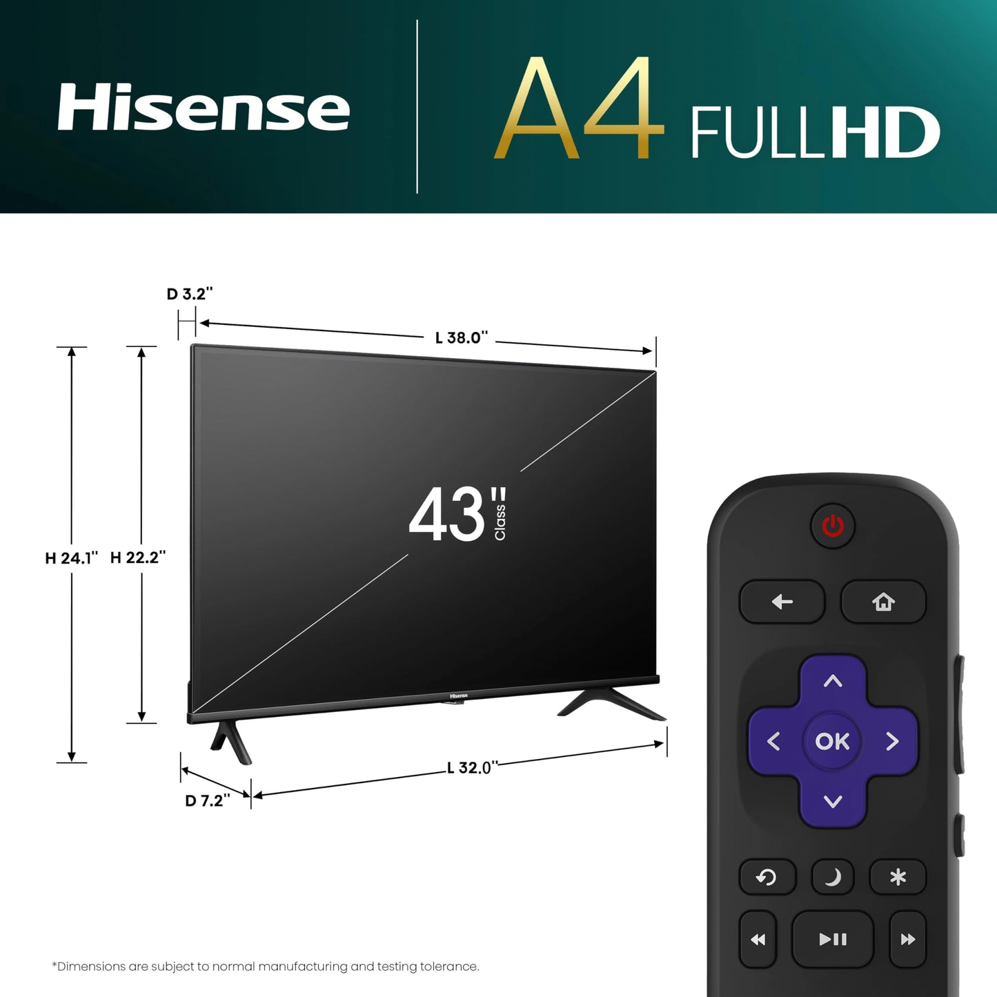 Hisense 43-Inch Class A4 Series FHD 1080p Smart Roku TV with Alexa Compatibility (43A4NR) - Dolby Audio, Slim Bezel Design, Google Assistant
