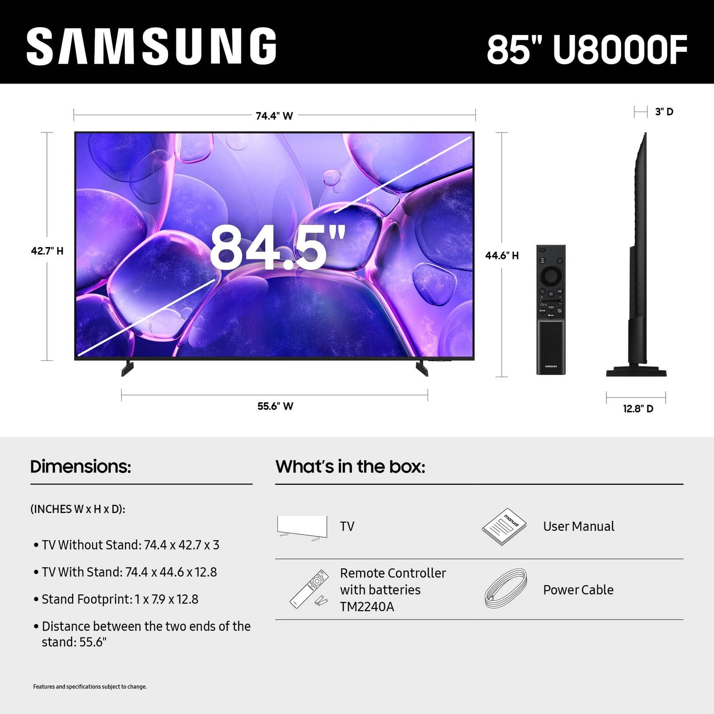Samsung 85" U8000F Crystal UHD 4K Smart TV – Free Content, Crystal Processor, MetalStream & Alexa (2025)