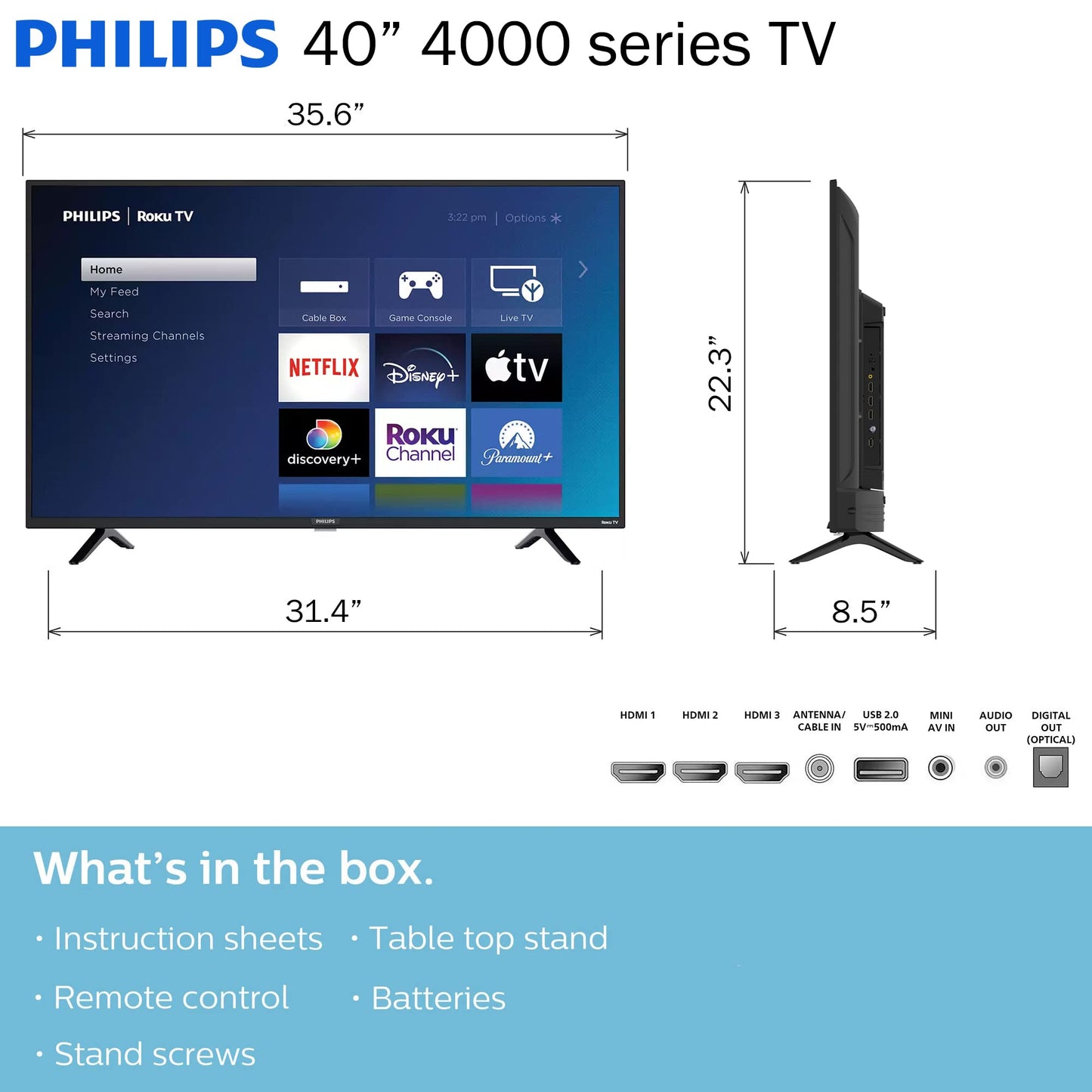 Philips 40" Full HD Roku Smart TV – 1080p, Voice Control, Airplay & 300+ Free Channels