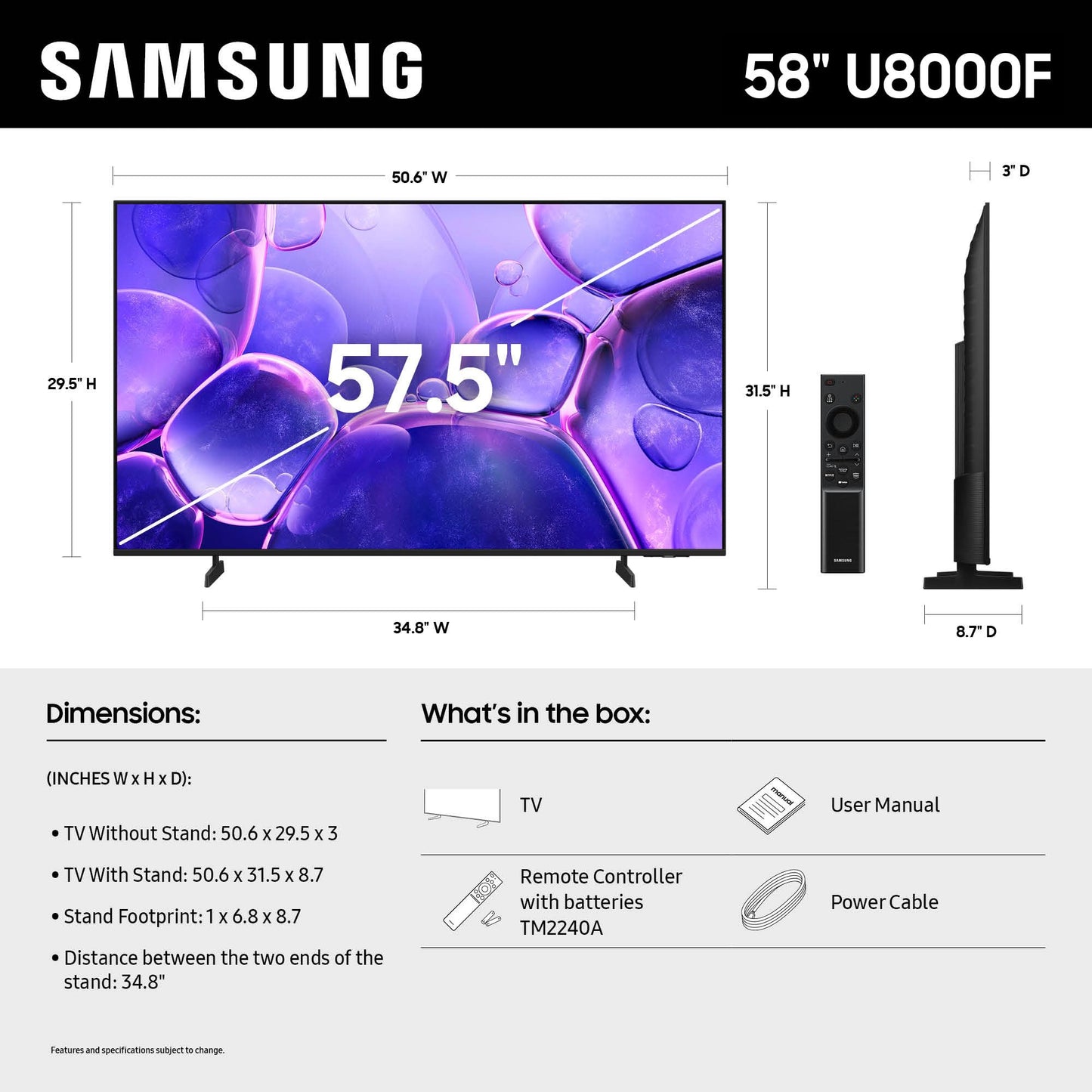 Samsung 58" U8000F Crystal UHD 4K Smart TV – Free Content, Crystal Processor, MetalStream & Alexa (2025)