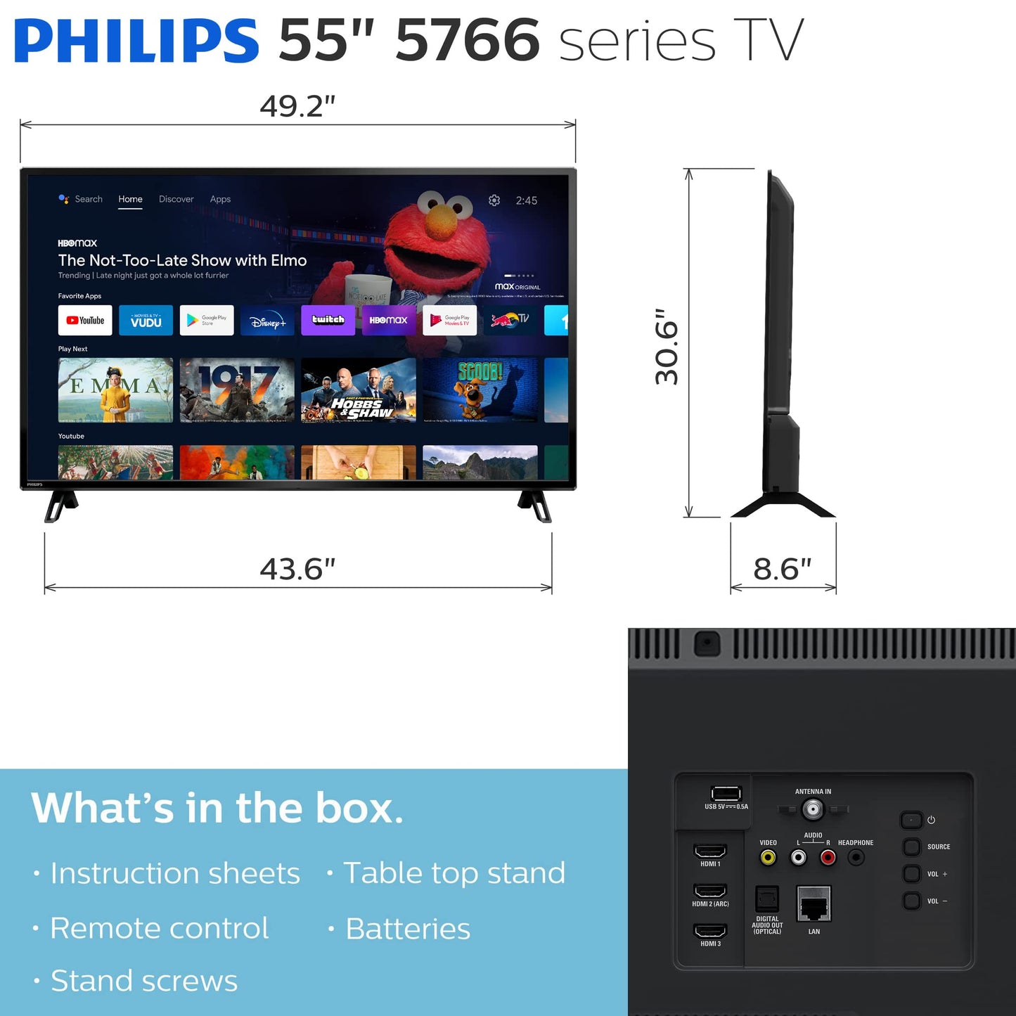 Philips 55" 4K UHD Android Smart TV – HDR10, Voice Remote, Chromecast & Google Assistant