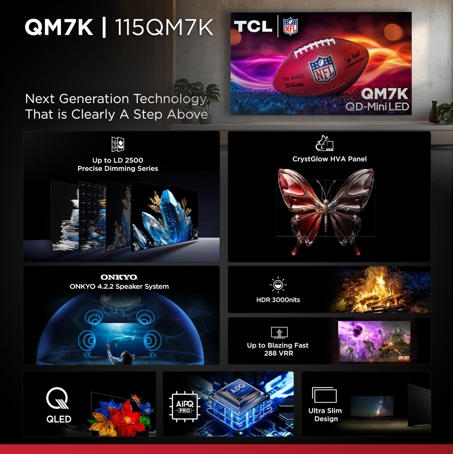 TCL 115" QM7K QD-Mini LED 4K TV | 288Hz, Dolby Vision IQ, Atmos