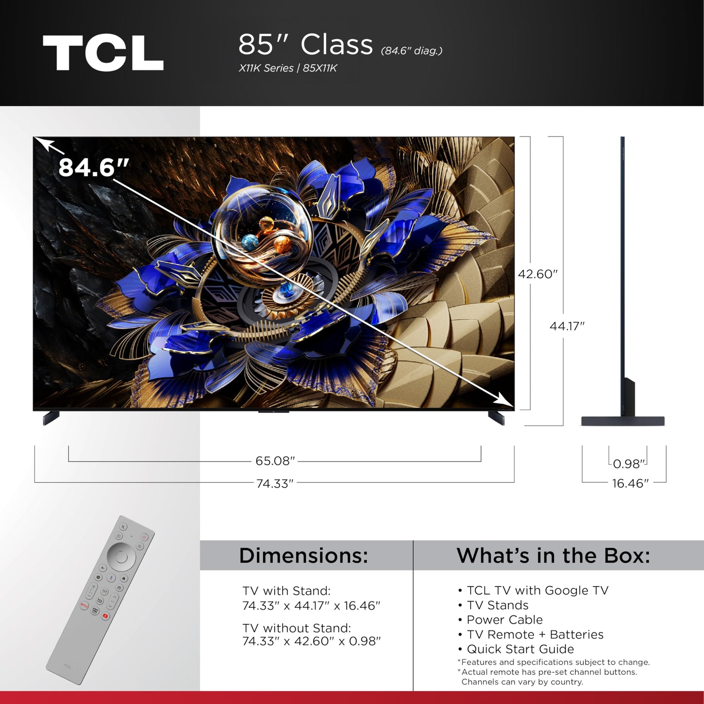 TCL 85" X11K QD-Mini LED 4K TV | B&O Audio, 144Hz, Google TV