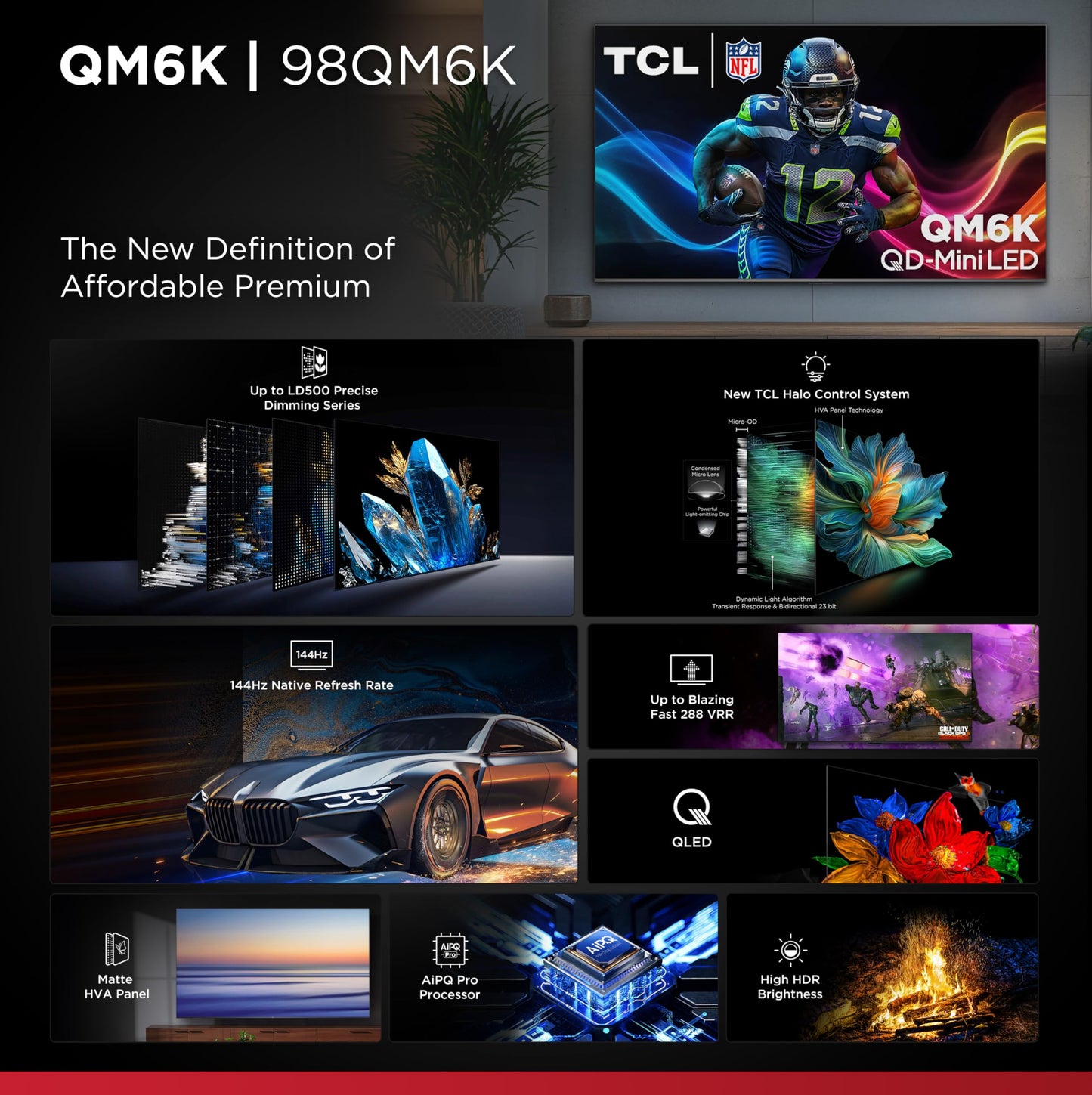 TCL 98" QM6K QD-Mini LED 4K TV | 144Hz, Onkyo Audio, Google TV