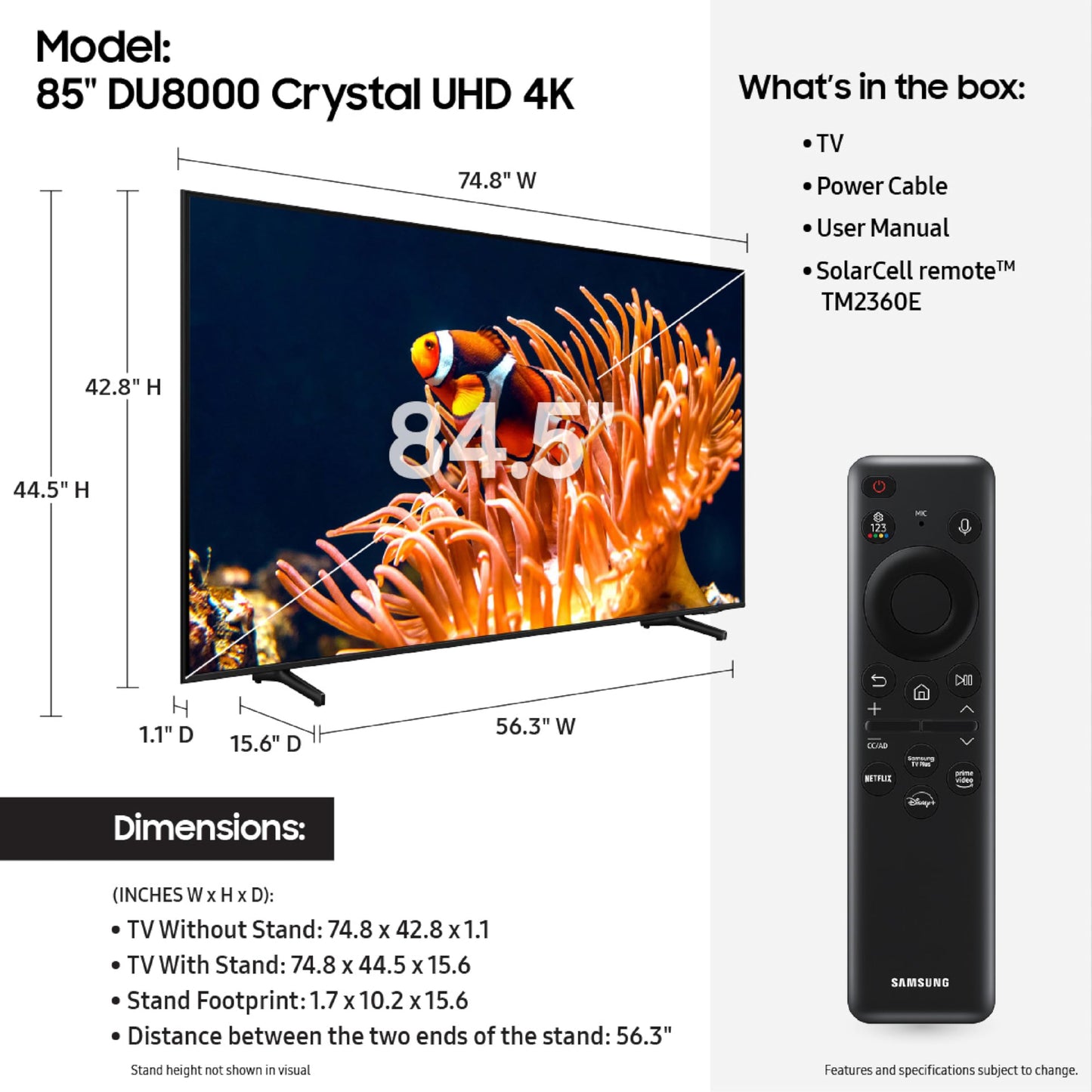 Samsung 85" DU8000 Crystal UHD 4K Smart TV – HDR, OTS Lite, 120Hz, Gaming Hub & Alexa (2024)