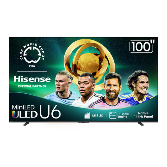 Hisense 100" Class U6 Series Mini-LED 4K UHD Smart Fire TV (100U65QF, 2025 Model) - QLED, Native 144Hz, HDR10+, Dolby Vision IQ, Dolby Atmos, Game Mode Pro, ALLM, Alexa Built in, Black