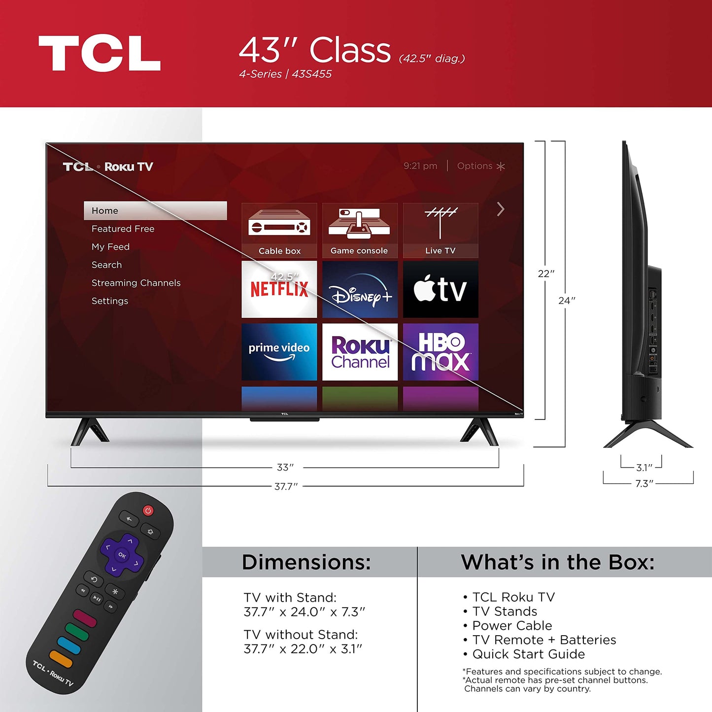 TCL 43" 4K UHD Smart TV | Roku, HDR, 4-Series, Black