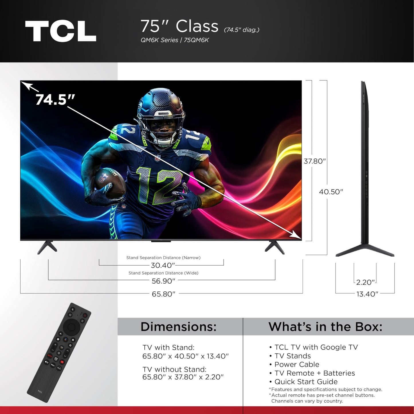 TCL 65" QM6K QD-Mini LED TV: 144Hz, Onkyo, Google TV (2025)