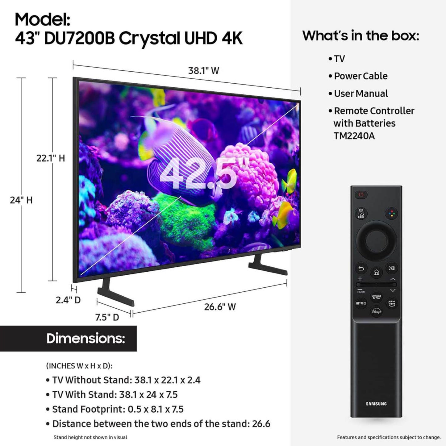 Samsung 43" DU7200 Crystal UHD 4K Smart TV – HDR, OTS Lite, PurColor, Motion Xcelerator & Q-Symphony (2024)