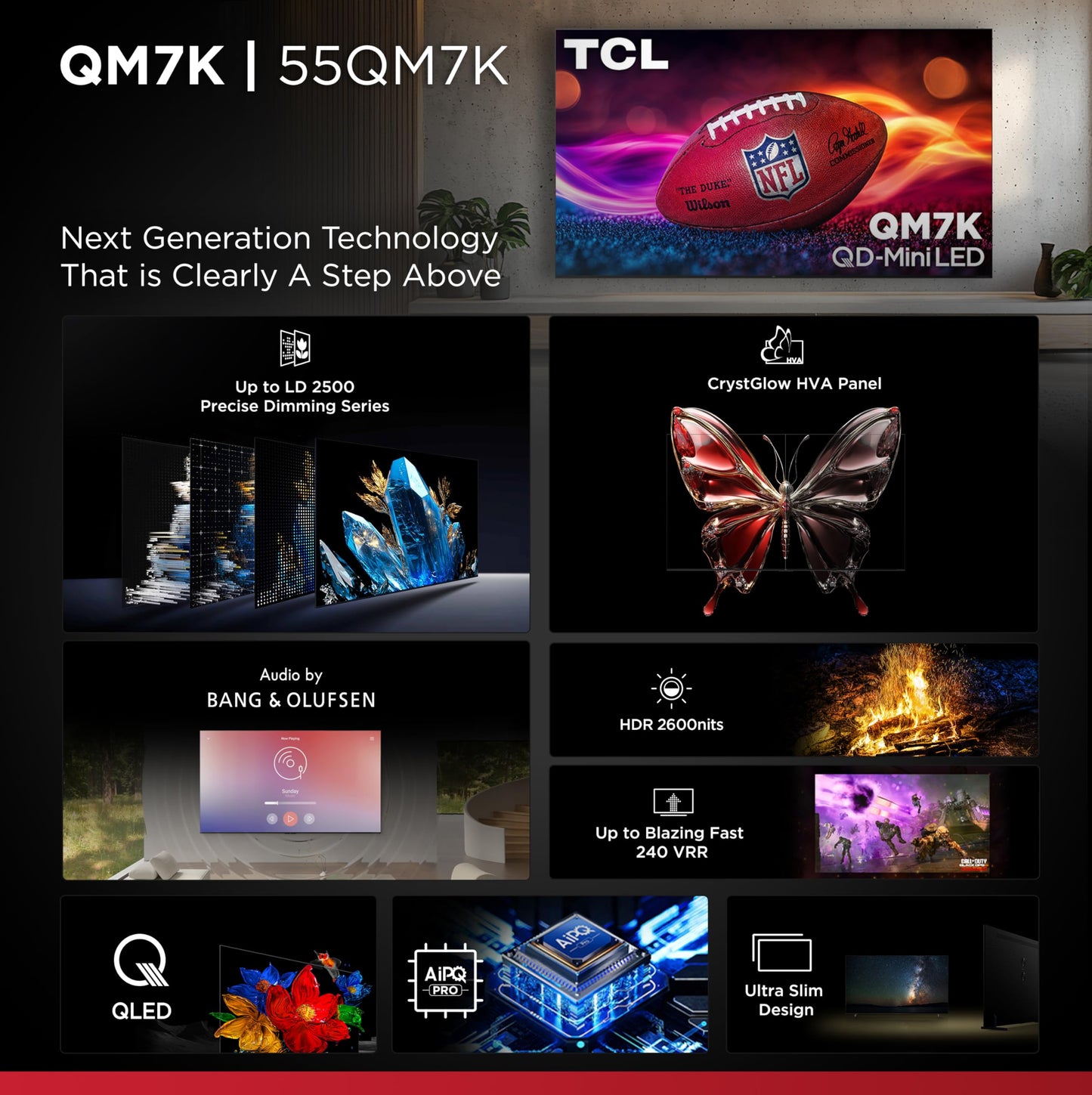 TCL 55" QM7K QD-Mini LED 4K TV | 144Hz, B&O Audio, Google TV (2025)