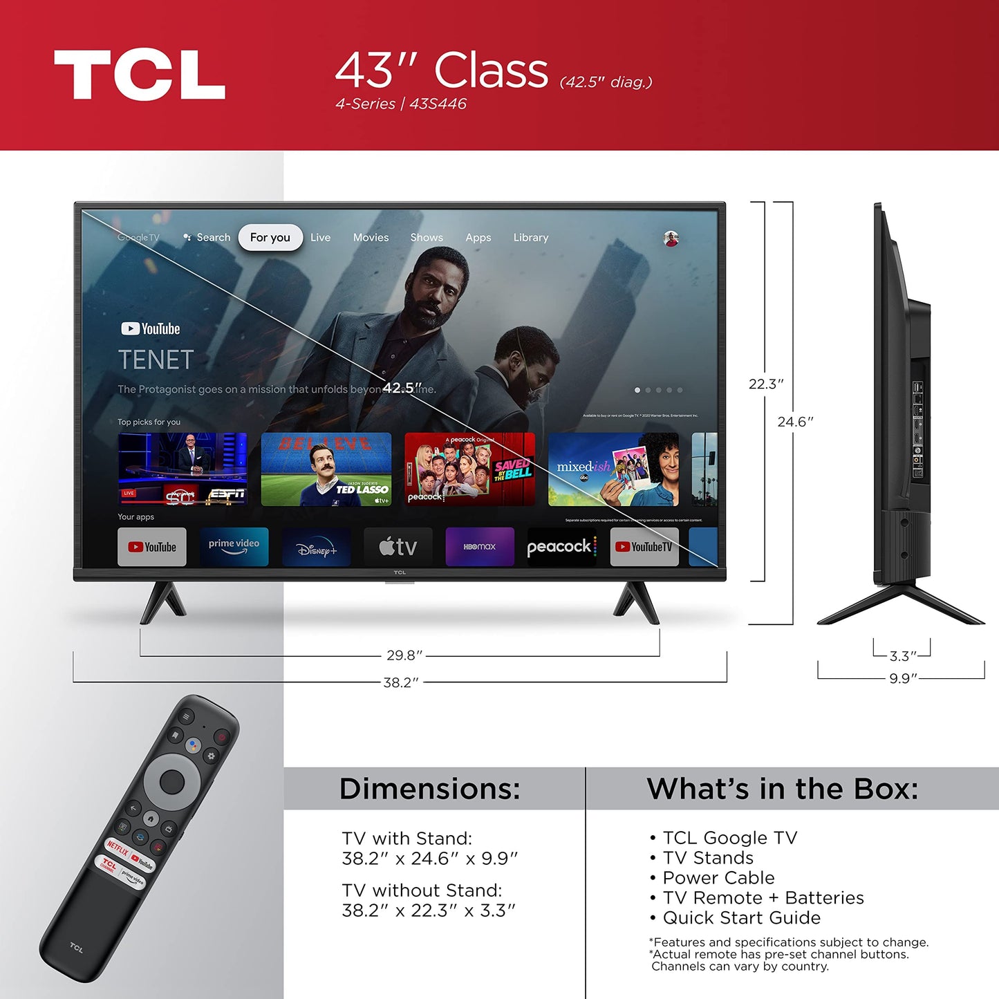 TCL 43S446 4K Google TV: HDR, Smart Streaming, 2022
