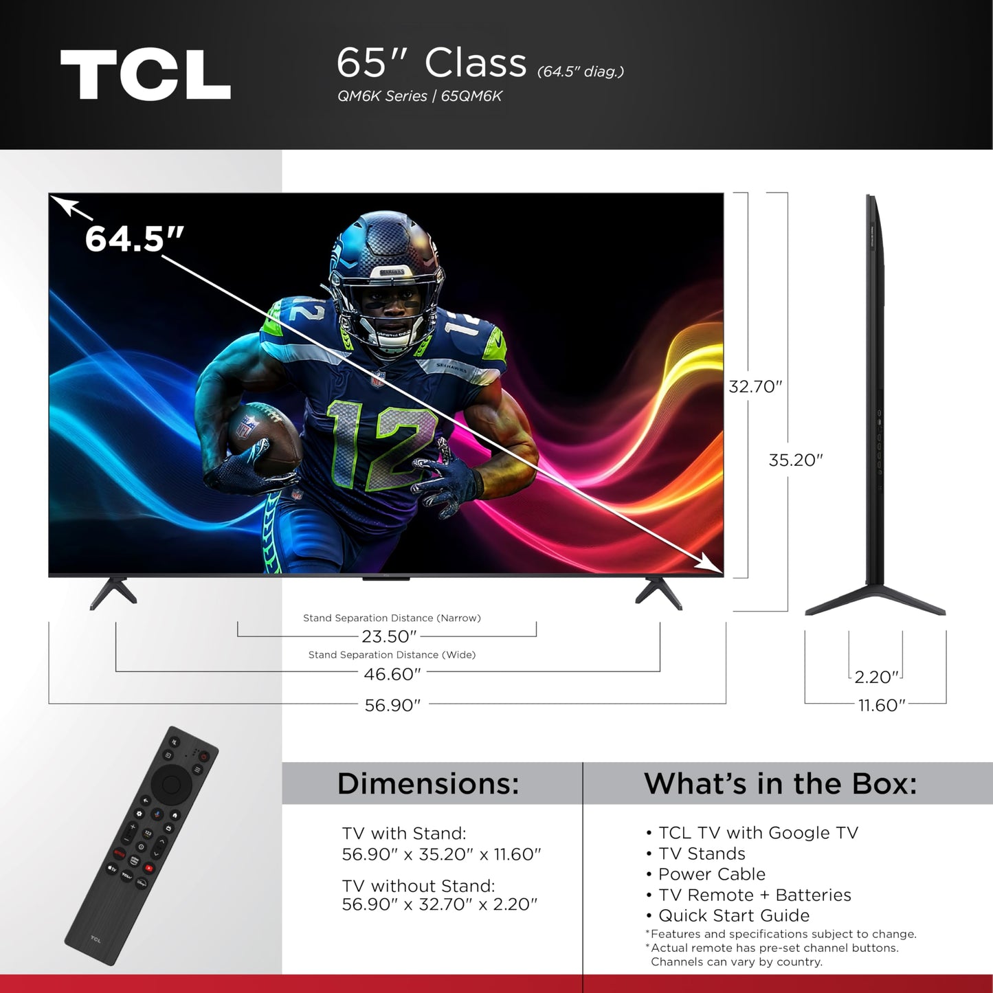 TCL 65" QM6K QD-Mini LED 4K TV | 144Hz, Onkyo Audio, Google TV