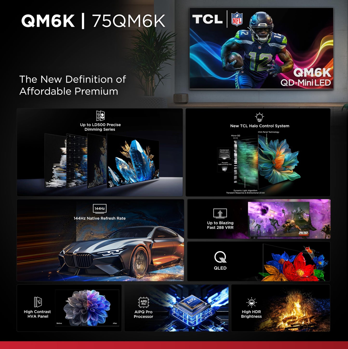 TCL 65" QM6K QD-Mini LED TV: 144Hz, Onkyo, Google TV (2025)