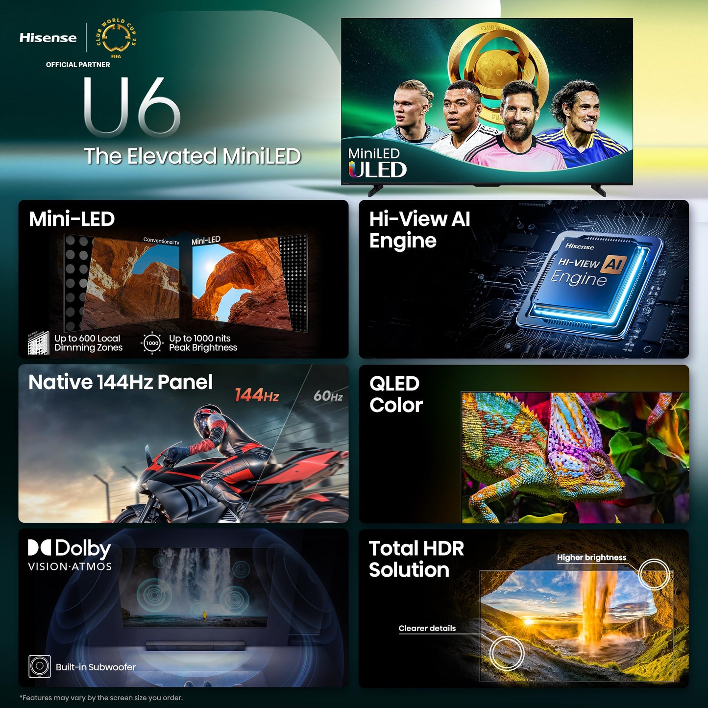 Hisense 55" Class U6 Series Mini-LED 4K UHD Smart Fire TV (55U65QF, 2025 Model) - QLED, Native 144Hz, HDR10+, Dolby Vision IQ, Dolby Atmos, Game Mode Pro, ALLM, Alexa Built in, Black