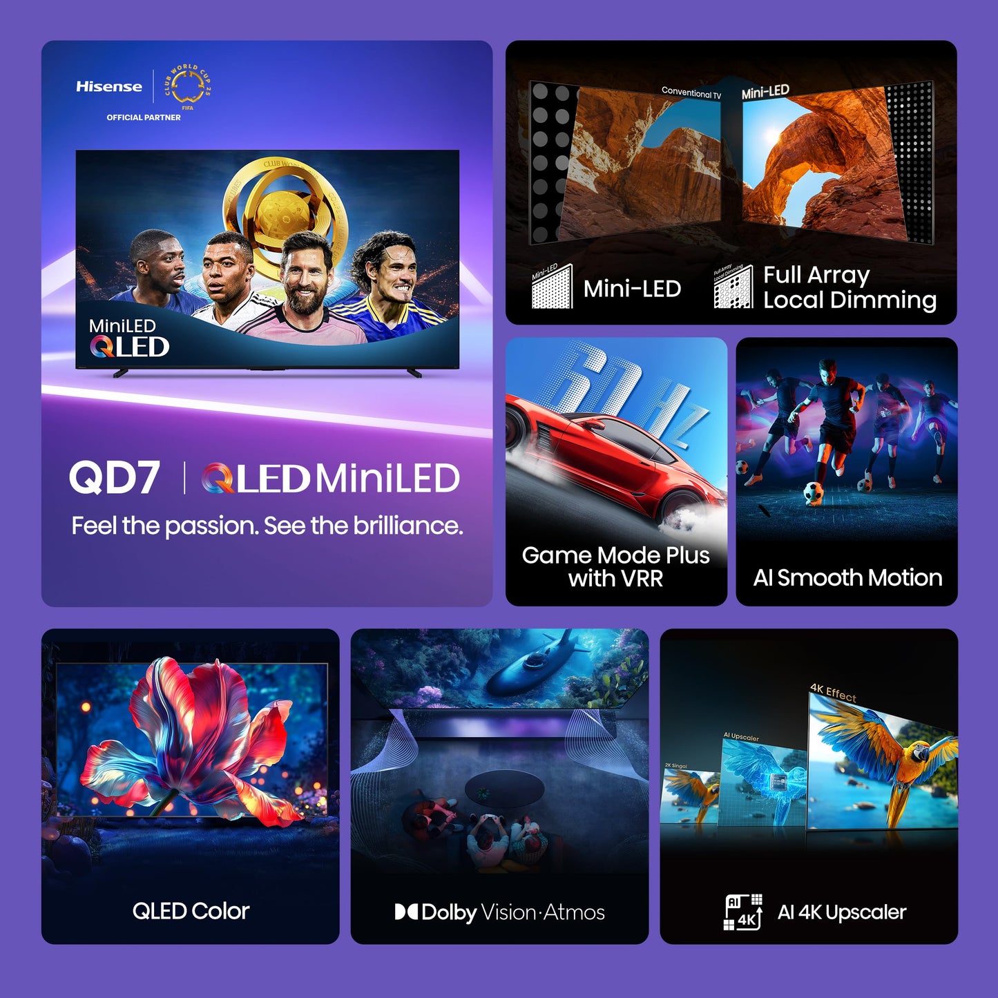 Hisense 50" Class QD7 Series Mini-LED 4K UHD Smart Fire TV (50QD7QF, 2025 Model) - QLED, HDR10+, Dolby Vision, Dolby Atmos, Game Mode Plus, ALLM, Alexa Built in with Voice Remote, Streaming TV, Black